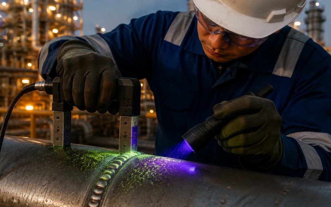 Teknisi melakukan magnetic particle testing pada sambungan las pipa migas